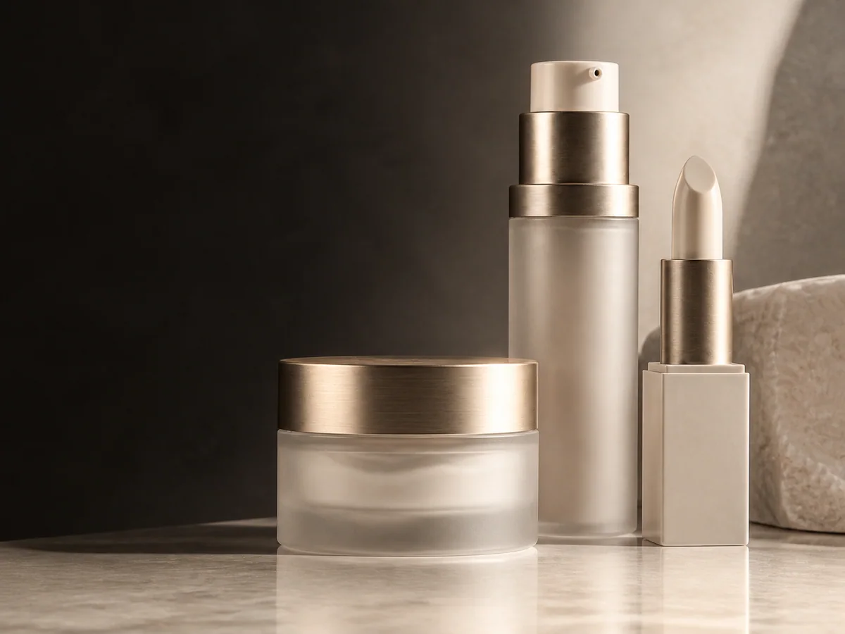 Frosted cosmetic jar, airless pump and lipstick packaging with champagne-metal details