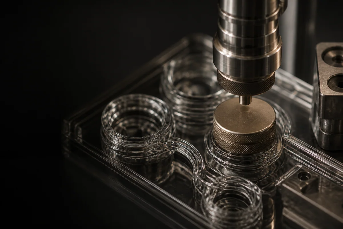 Precision tool aligned above a machined packaging closure and glass mold