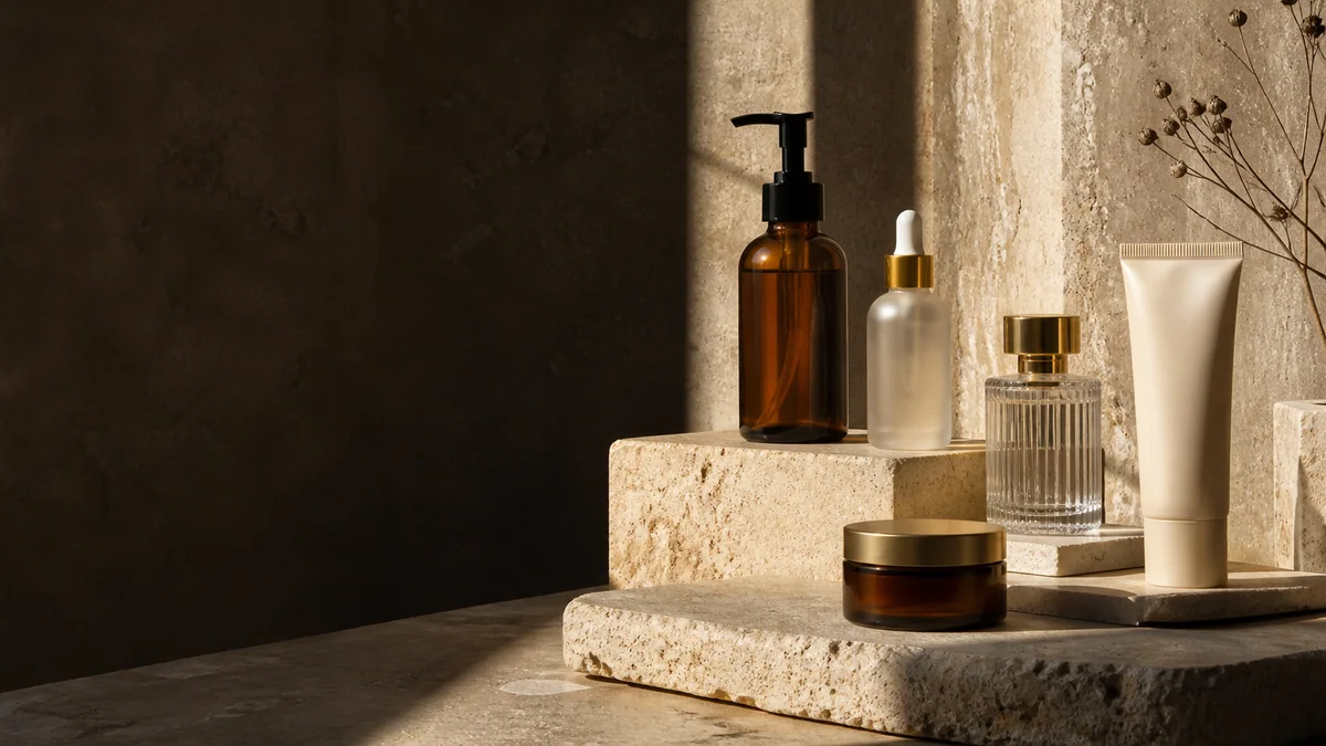 Amber and clear beauty packaging in a warm mineral studio