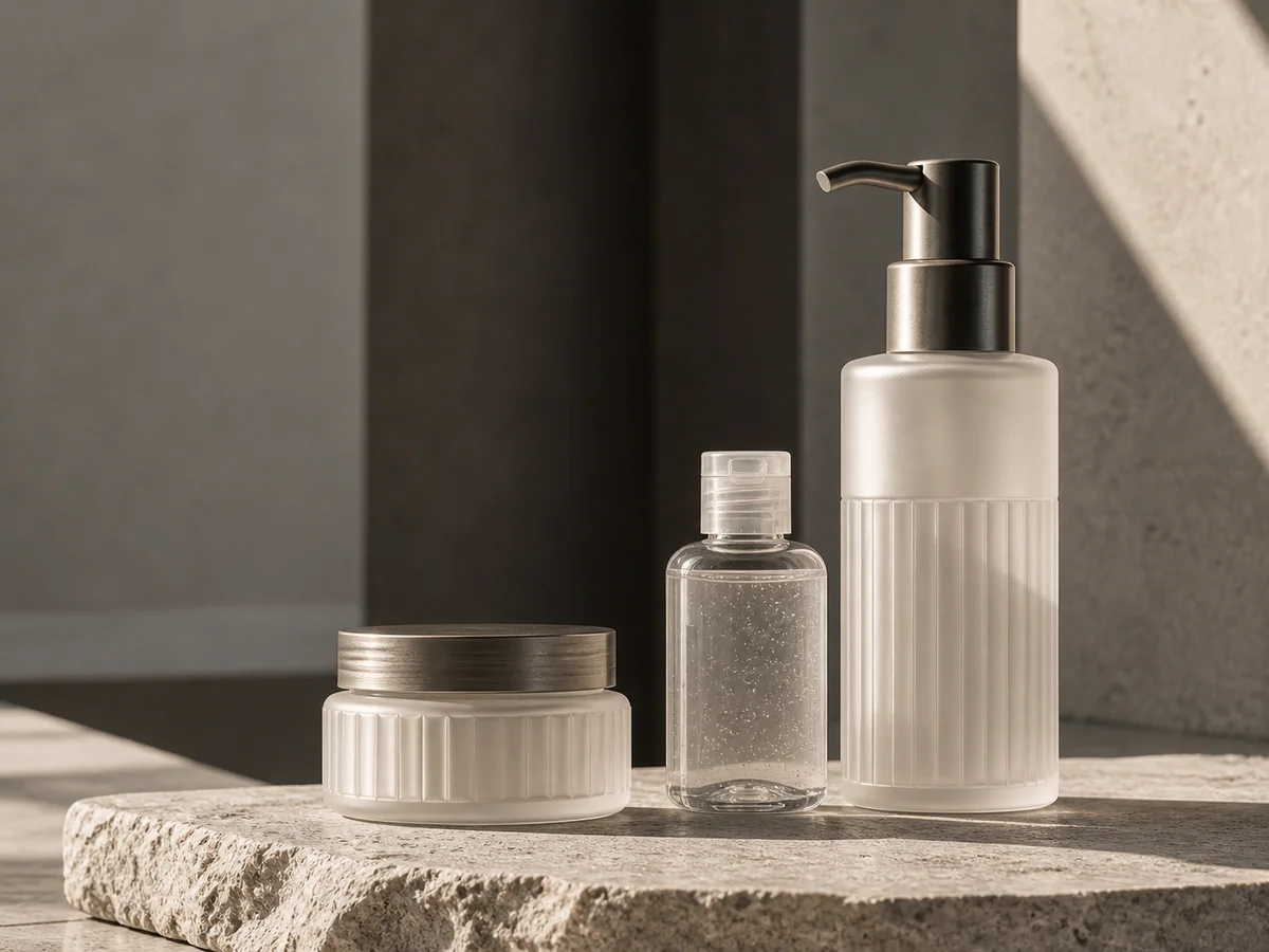 Bone-white hygiene dispenser, refillable jar and clear flip-top bottle